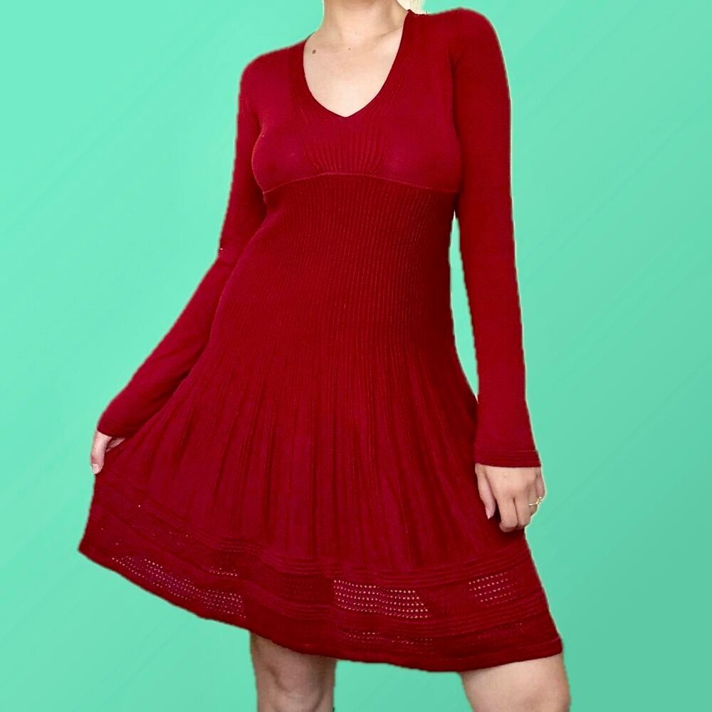 Vintage Y2K Max Studio Red Ribbed Knit Sweater Dress | Size Small
